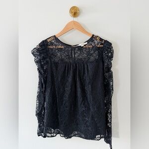 LOFT Black Floral Lace Puff Sleeve Blouse